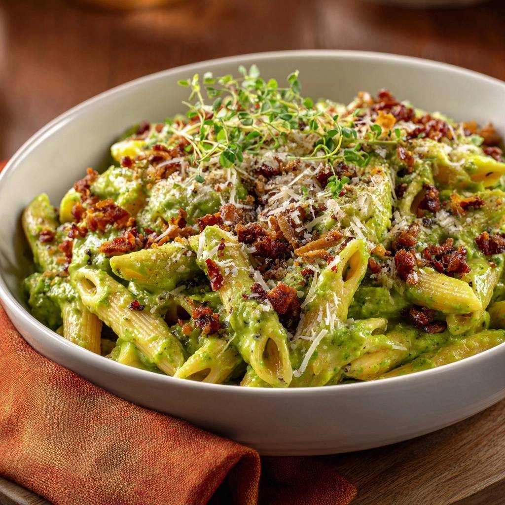 Penne mit cremigem Pesto und knusprigem Speck, garniert mit frischen Kräutern und Parmesan.