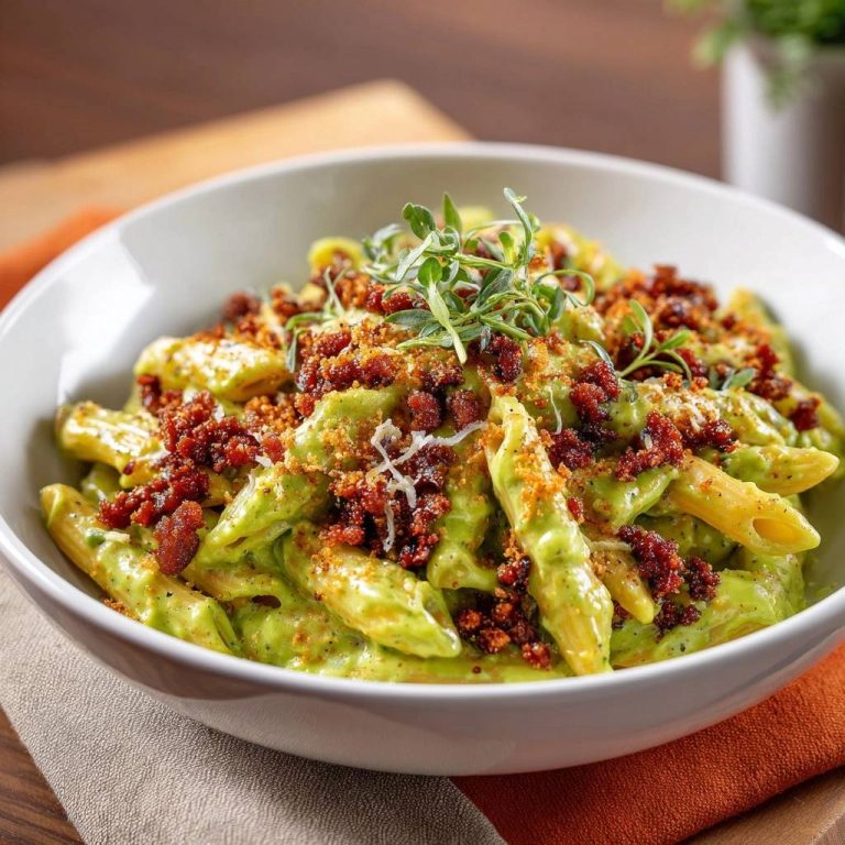Penne mit cremigem Pesto und knusprigem Speck, garniert mit frischen Kräutern und Speckstückchen aus der Nähe.