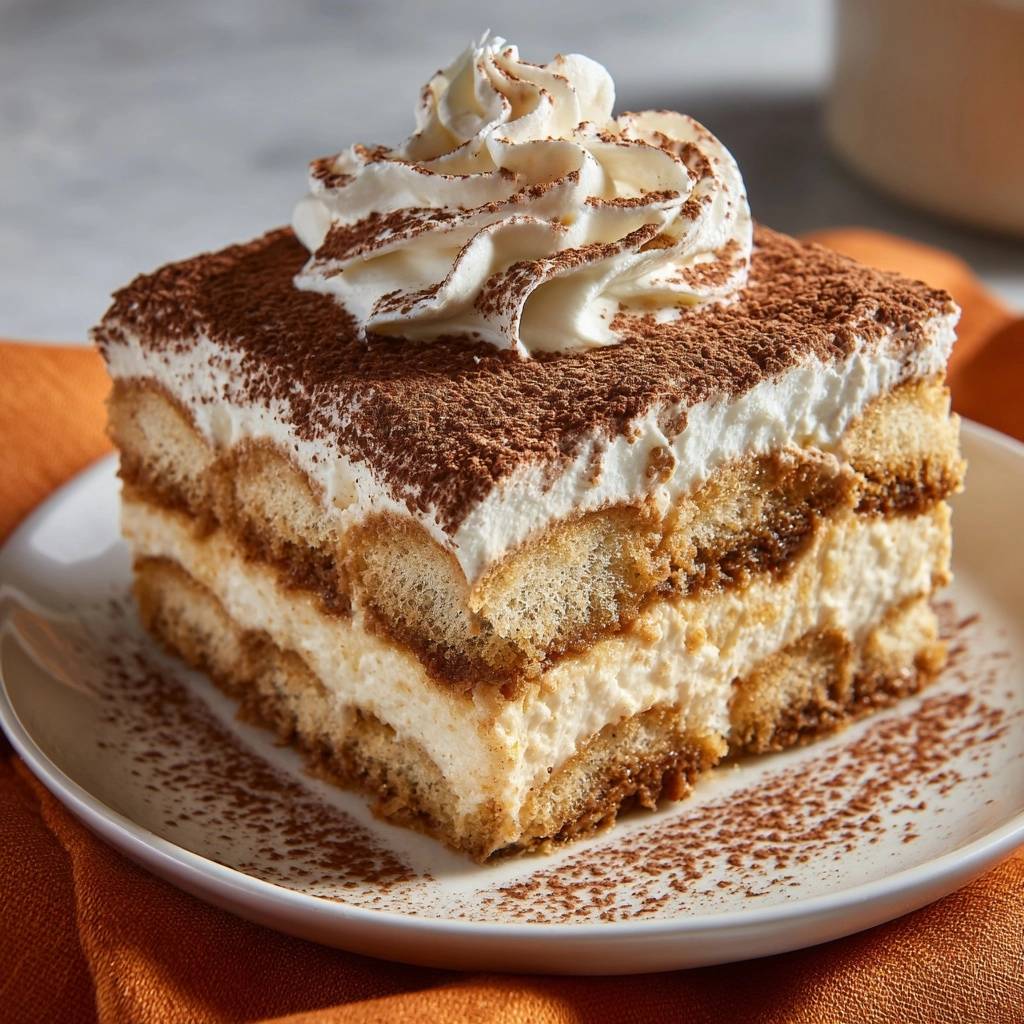 Perfektes Tiramisu angeschnitten auf einem Teller, mit Sahnetupfer und Kakaopulver bestäubt.