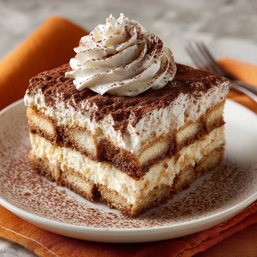 Perfektes Tiramisu mit einer kunstvollen Garnitur aus Schlagsahne und Kakaopulver auf einem Teller.