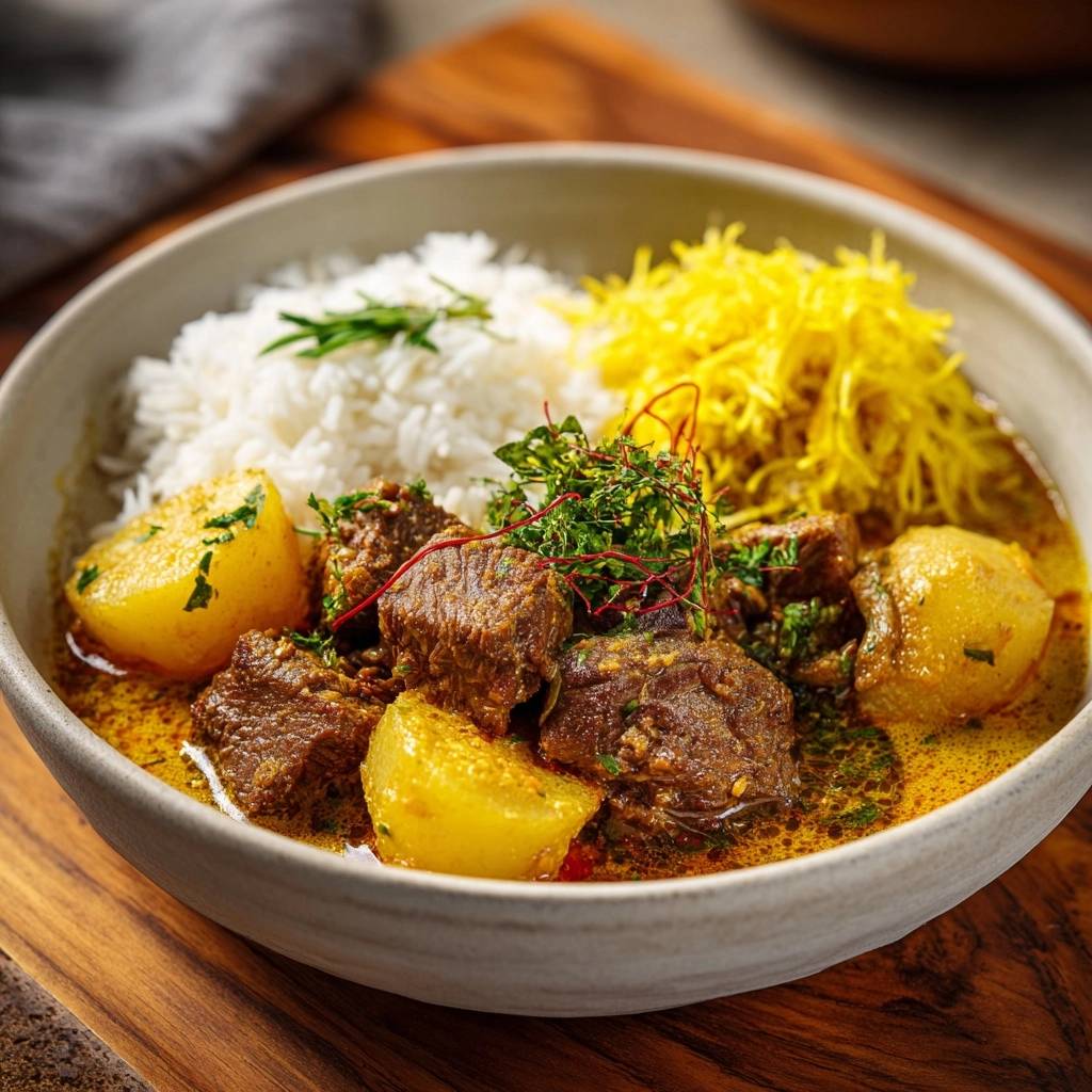 Persischer Rindfleisch-Eintopf mit Kartoffeln und Safranreis, detailreich garniert mit frischen Kräutern und roten Fäden.