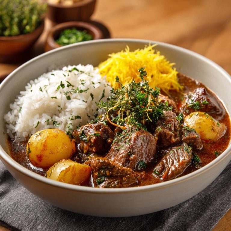Persischer Rindfleisch-Eintopf mit Kartoffeln und Safranreis, nahaufnahme mit frischer Kräutergarnitur auf dem Eintopf.