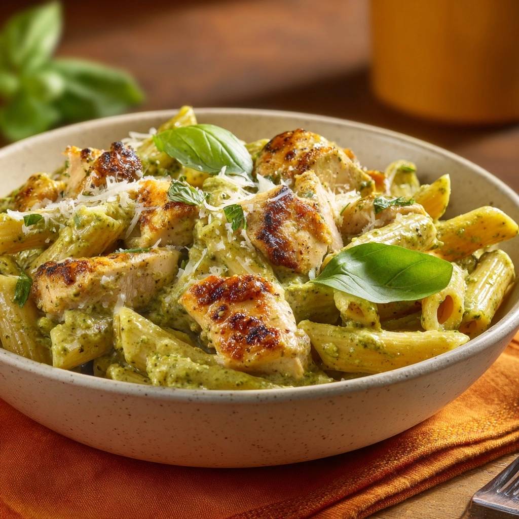 Pesto-Hähnchen-Penne, eine Nahaufnahme mit frischem Basilikum und Parmesan garniert.