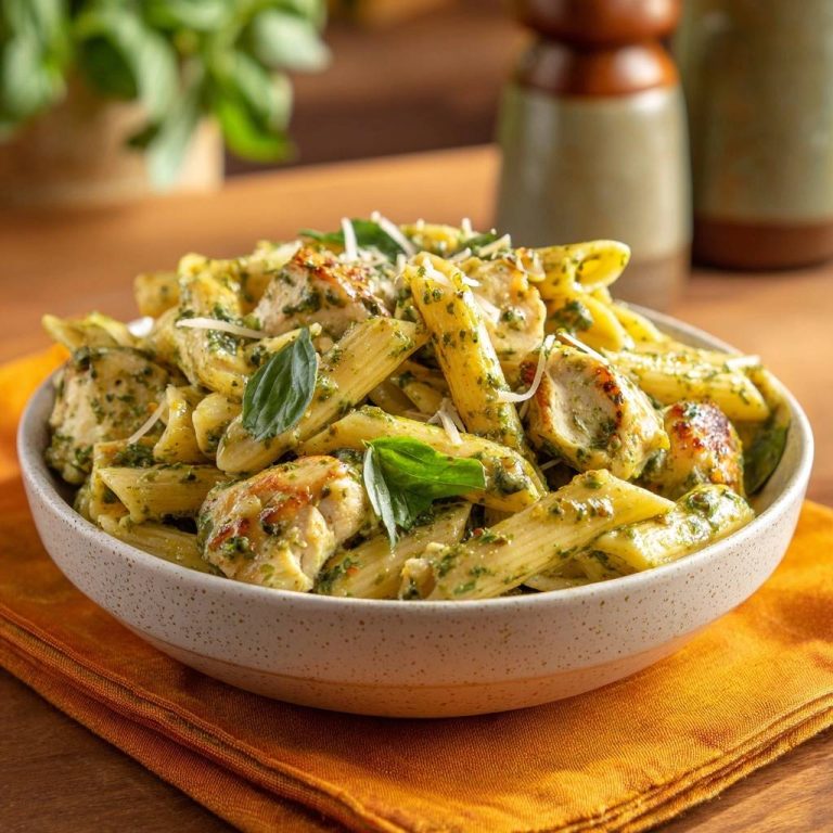 Pesto-Hähnchen-Penne in einer Schüssel, nahaufnahme mit frischem Basilikum und geriebenem Parmesan garniert