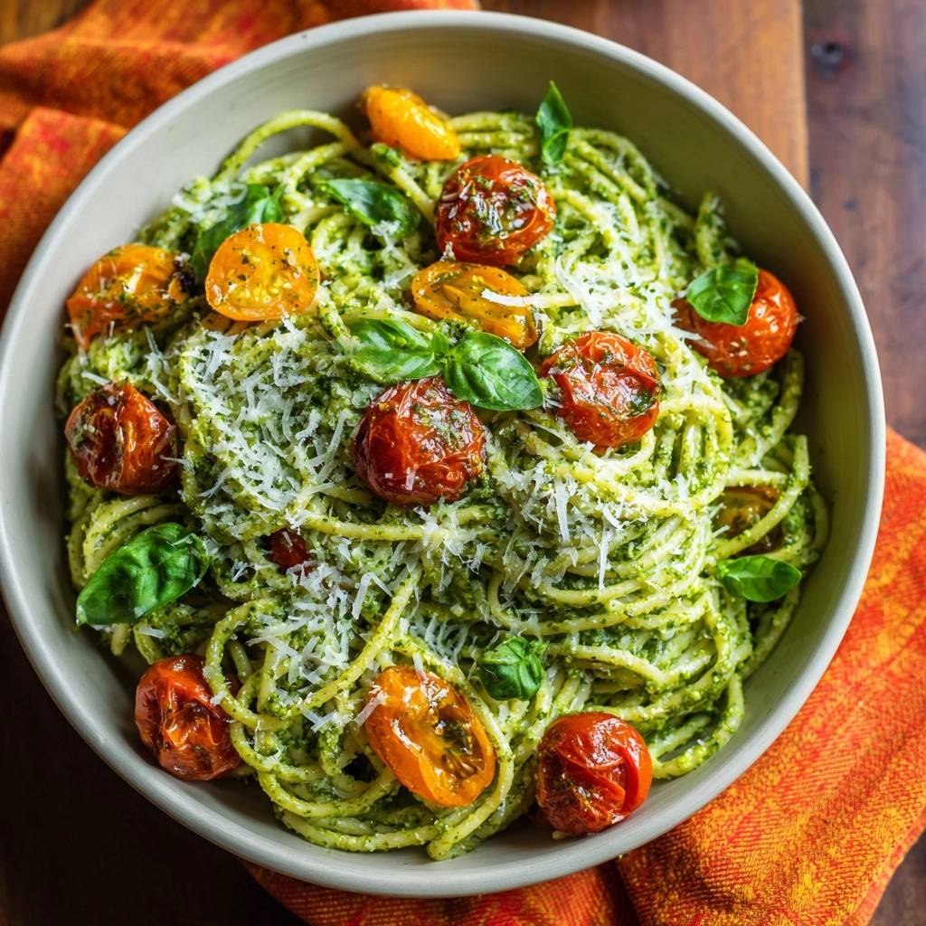 Pesto-Spaghetti mit gerösteten Tomaten, garniert mit geriebenem Parmesan und frischem Basilikum in einer Schüssel.