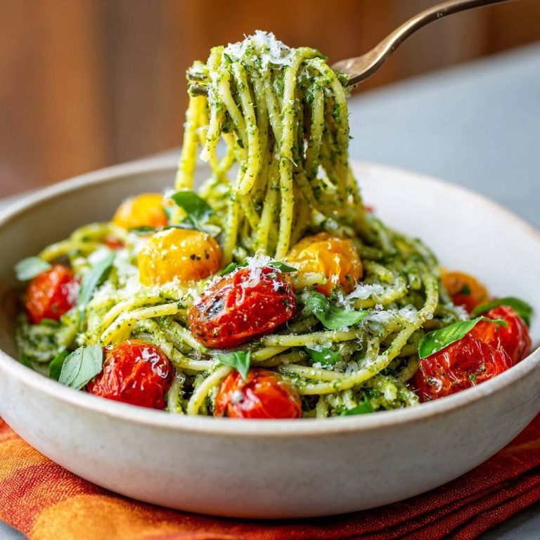 Pesto-Spaghetti mit gerösteten Tomaten, mit einer Gabel aufgenommene Nudeln mit Pesto und Tomaten, nahaufnahme.