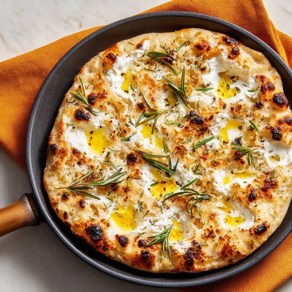 Pfannenfocaccia mit Ricotta, Eiern und Rosmarin, von oben in einer Pfanne mit geschmolzenem Eigelb und frischem Rosmarin fotografiert.
