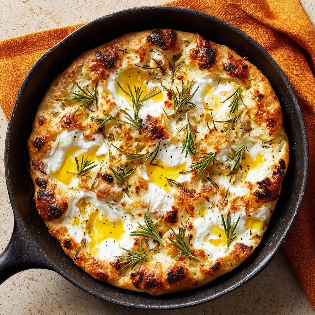 Pfannenfocaccia mit Ricotta, Eiern und Rosmarin von oben in einer gusseisernen Pfanne mit flüssigem Eigelb und frischem Rosmarin.