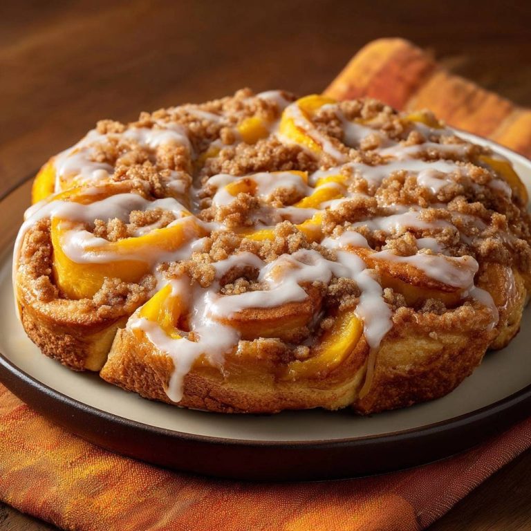 Pfirsich-Streusel-Schnecken mit Zuckerguss und Streuseln, Nahaufnahme der saftigen Füllung