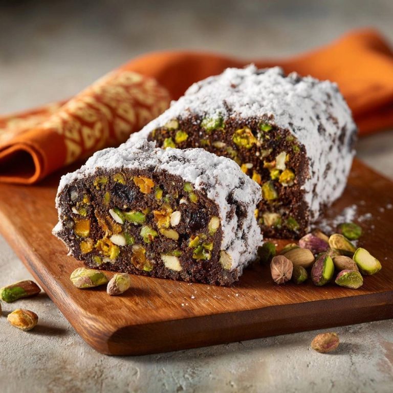 Pistazien-Frucht-Nuss-Rolle angeschnitten, mit einem großzügigen Bestäuben von Puderzucker und sichtbaren Nüssen und Früchten.