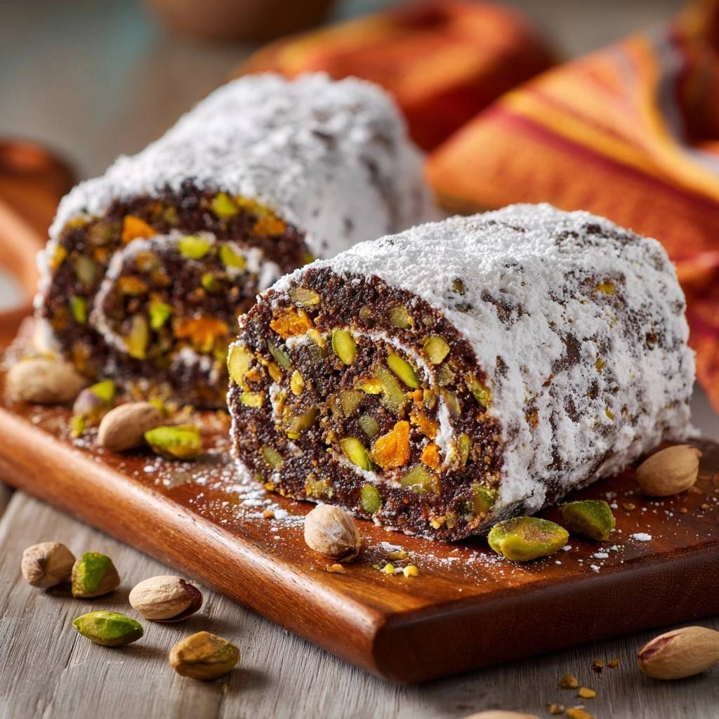 Pistazien-Frucht-Nuss-Rolle mit Puderzucker bestäubt, gezeigt im angeschnittenen Querschnitt mit sichtbaren Pistazien und Trockenfrüchten.