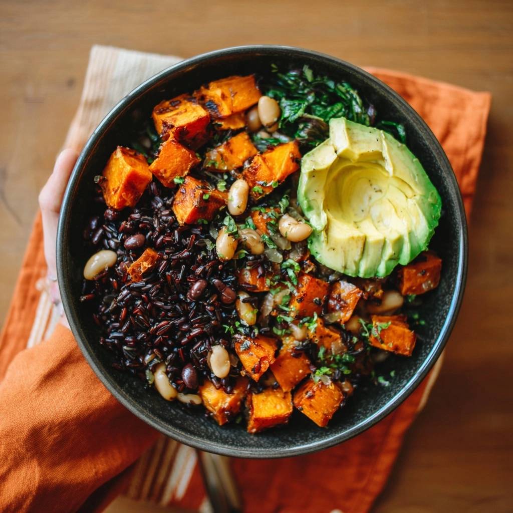 Knusprige Süßkartoffel-Power-Bowl Rezept von oben mit Avocado und Kräutern garniert, dargestellt in einer Schüssel.