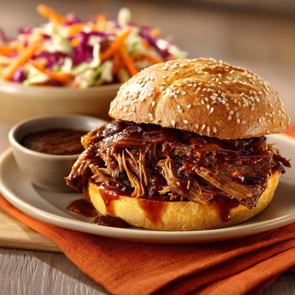 Pulled Beef Burger mit Coleslaw als Nahaufnahme mit saftigem Fleisch und Sauce auf einem Sesambrötchen, daneben eine Schüssel mit Sauce und Coleslaw.