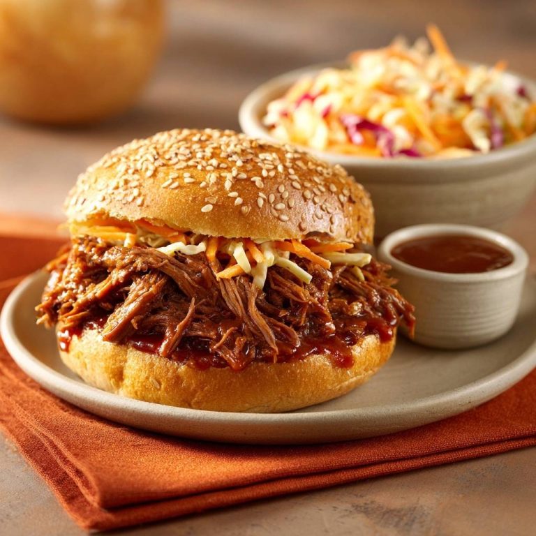 Pulled Beef Burger mit Coleslaw, serviert auf einem Teller mit Beilagensalat und Sauce