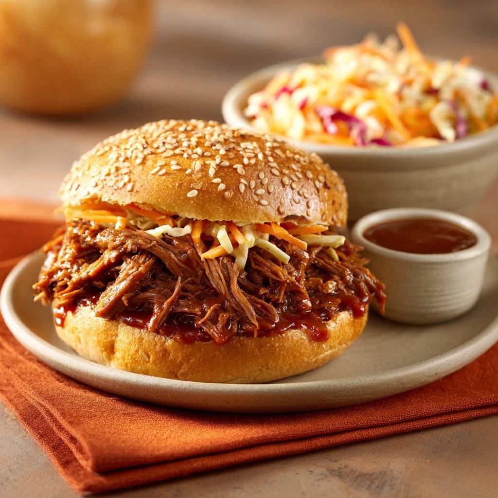 Pulled Beef Burger mit Coleslaw, serviert auf einem Teller mit Beilagensalat und Sauce