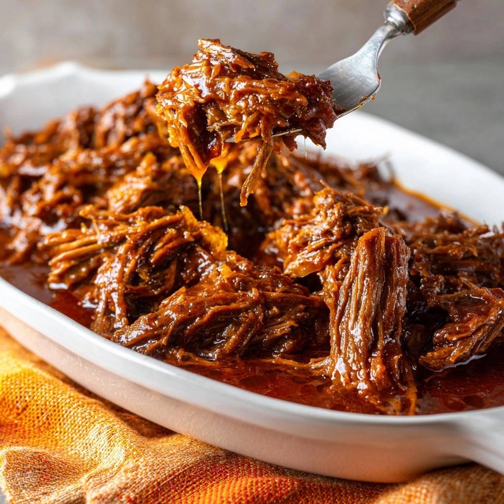 Saftiges Pulled Beef wird mit einer Gabel aus einer Auflaufform gehoben, Sauce tropft herab.