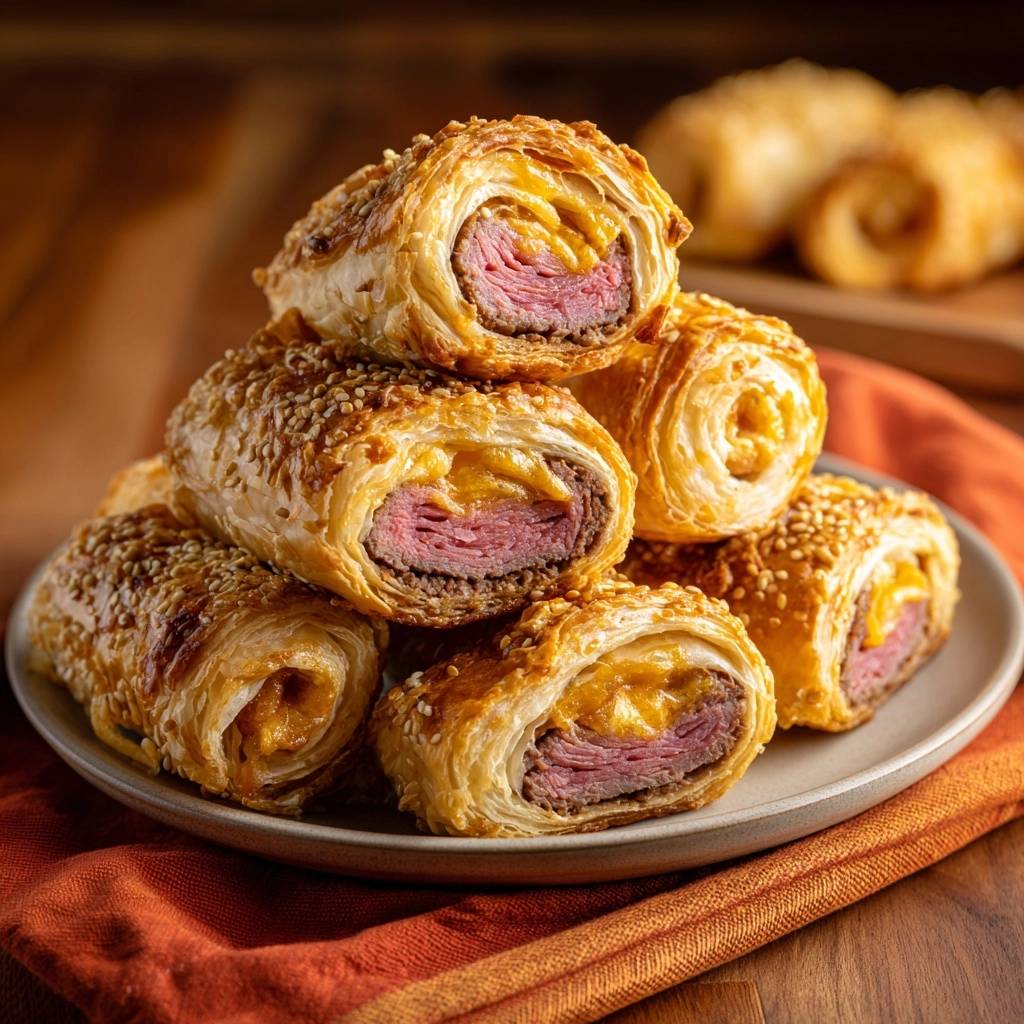 Knusprige Puten-Käse-Sesam-Rollen angeschnitten, die das saftige Fleisch und die geschmolzene Käseschicht im Inneren zeigen.