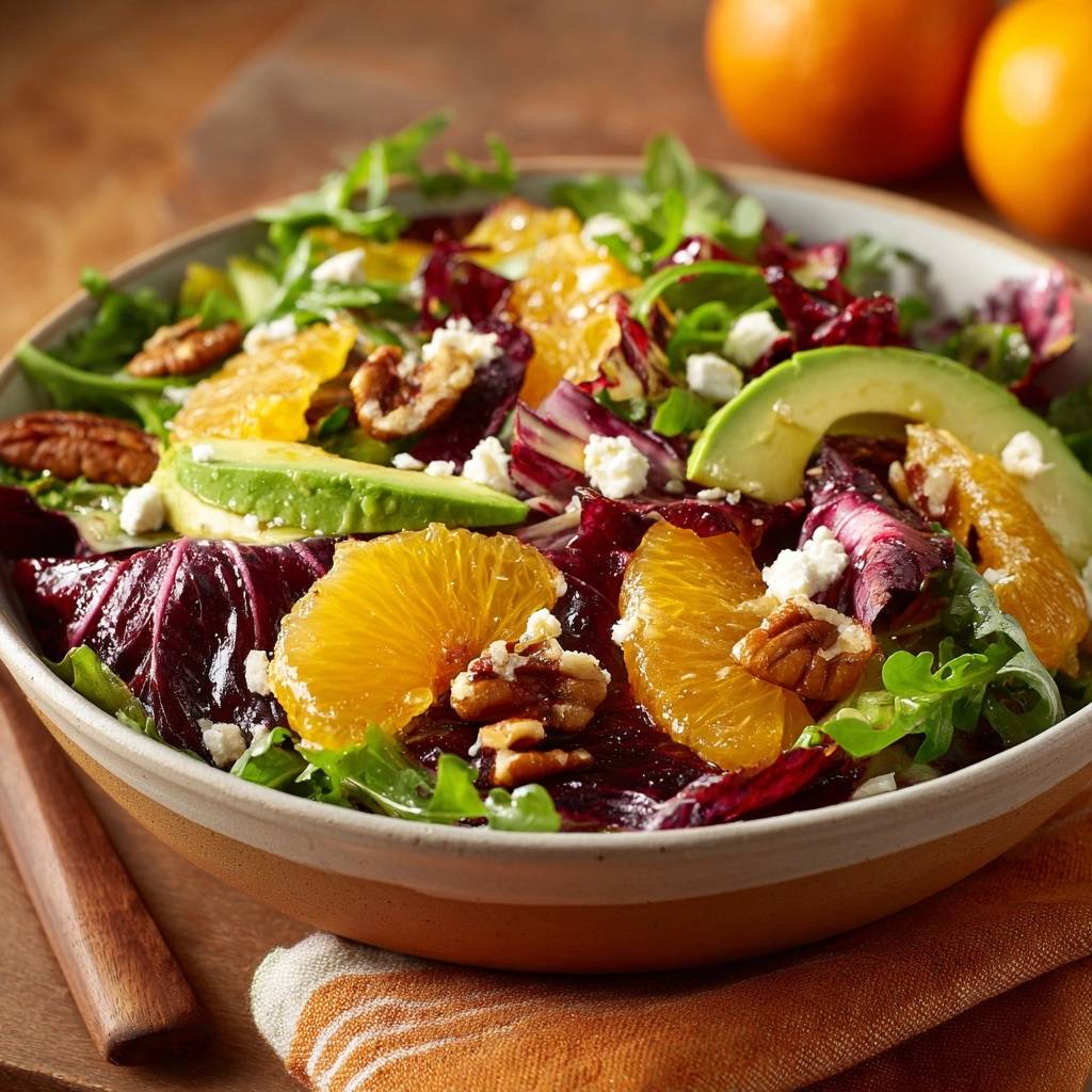Radicchio-Orangen-Avocado-Salat mit Walnüssen und Ziegenkäse, Nahaufnahme der Garnitur und Zutaten.