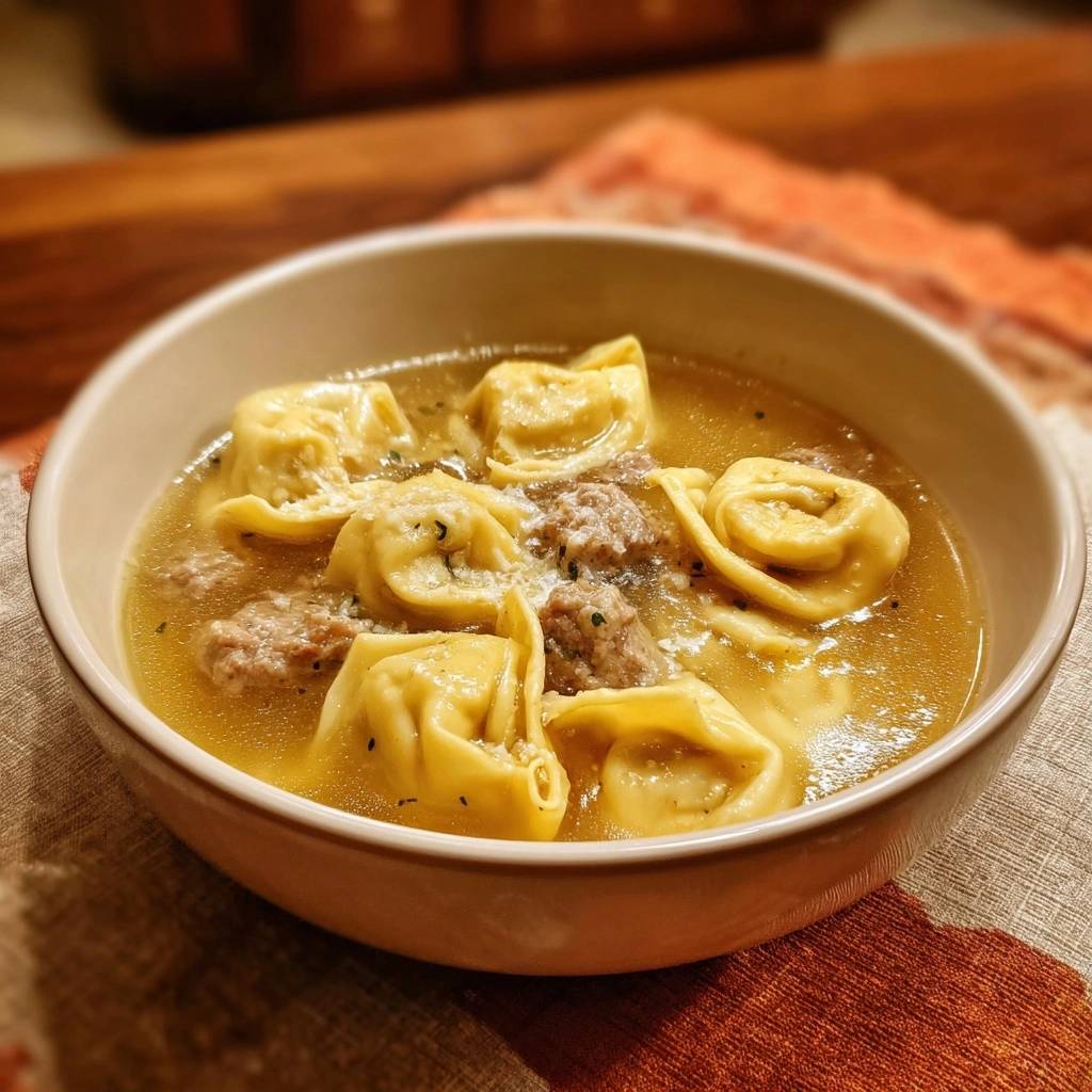 Ravioli mit Rindfleisch in goldener Brühe, eine Nahaufnahme, die die gefüllten Teigtaschen und das herzhafte Fleisch in der klaren Brühe zeigt.