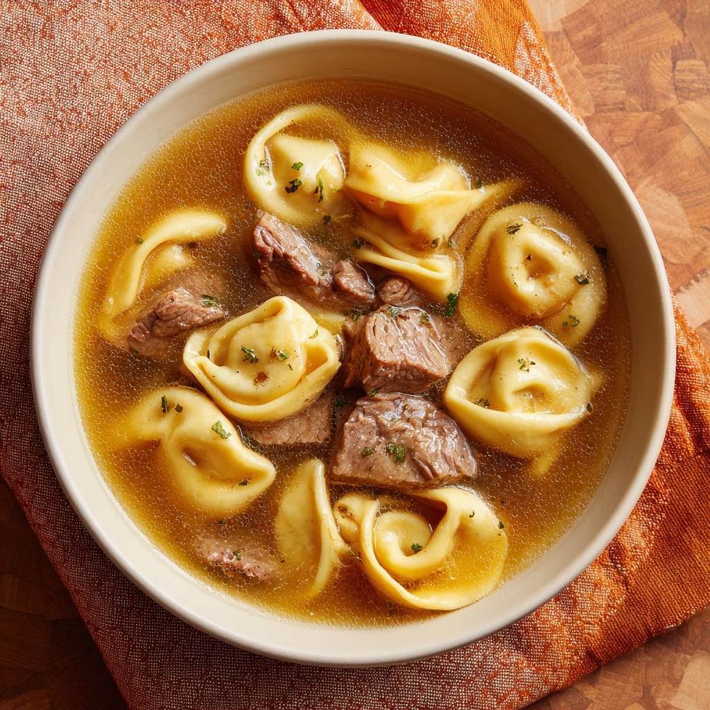 Ravioli mit Rindfleisch in goldener Brühe, eine dampfende Schüssel mit Tortellini und Rinderstücken, garniert mit Kräutern.