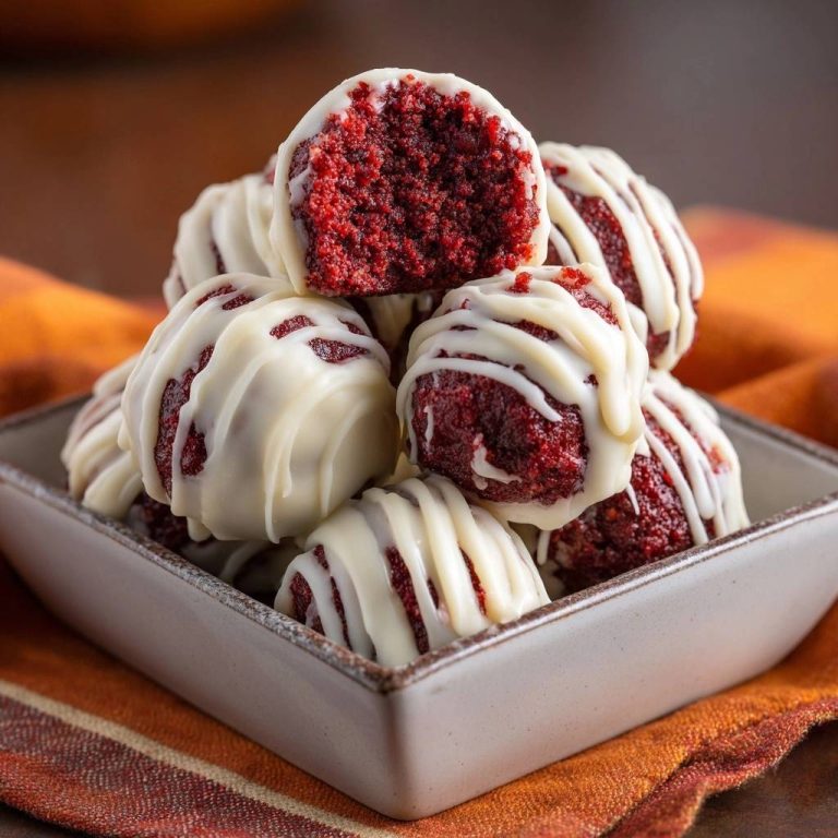 Red Velvet Balls angeschnitten, die weiße Schokoladenglasur zeigt die leuchtend rote Farbe des Kuchens darunter.