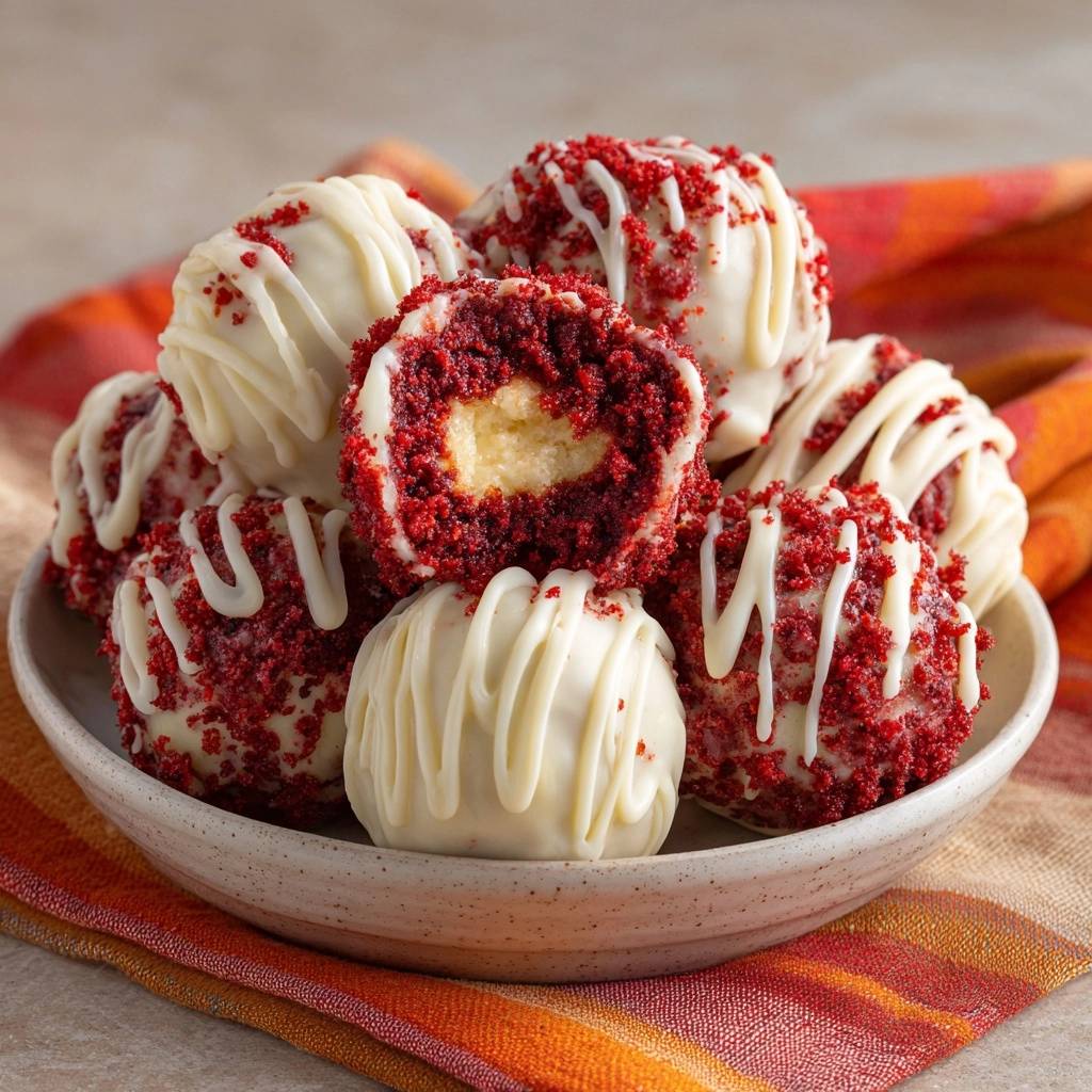 Red Velvet Bällchen angeschnitten, die eine cremige Füllung im Inneren enthüllen, umgeben von roten Krümeln und weißer Glasur.