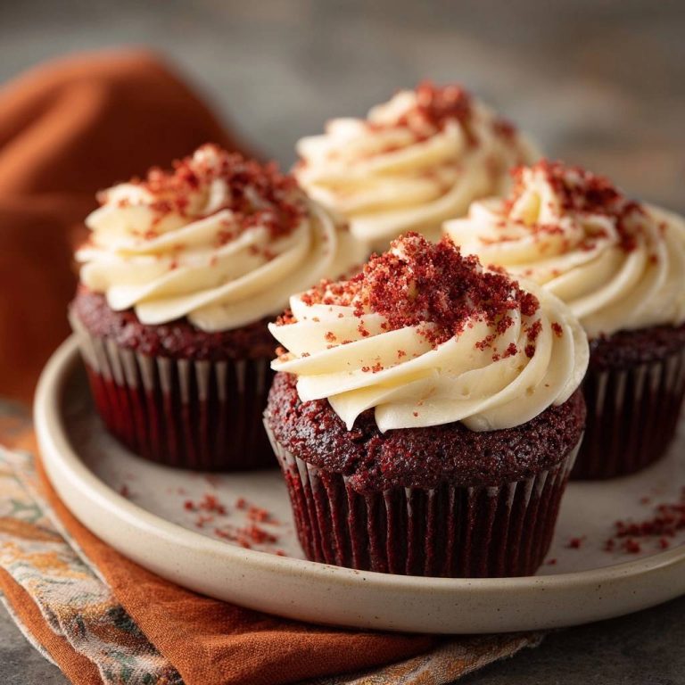 Rote Samt-Cupcakes mit cremiger Glasur und roten Krümeln, auf einem Teller garniert.