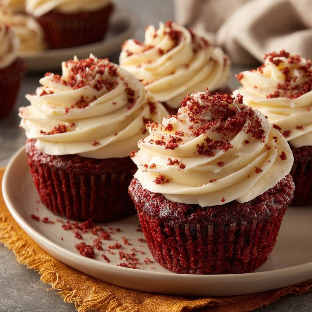 Rote Samt Cupcakes nahaufnahme garniert mit einer cremigen Glasur und roten Krümeln, auf einem Teller serviert.