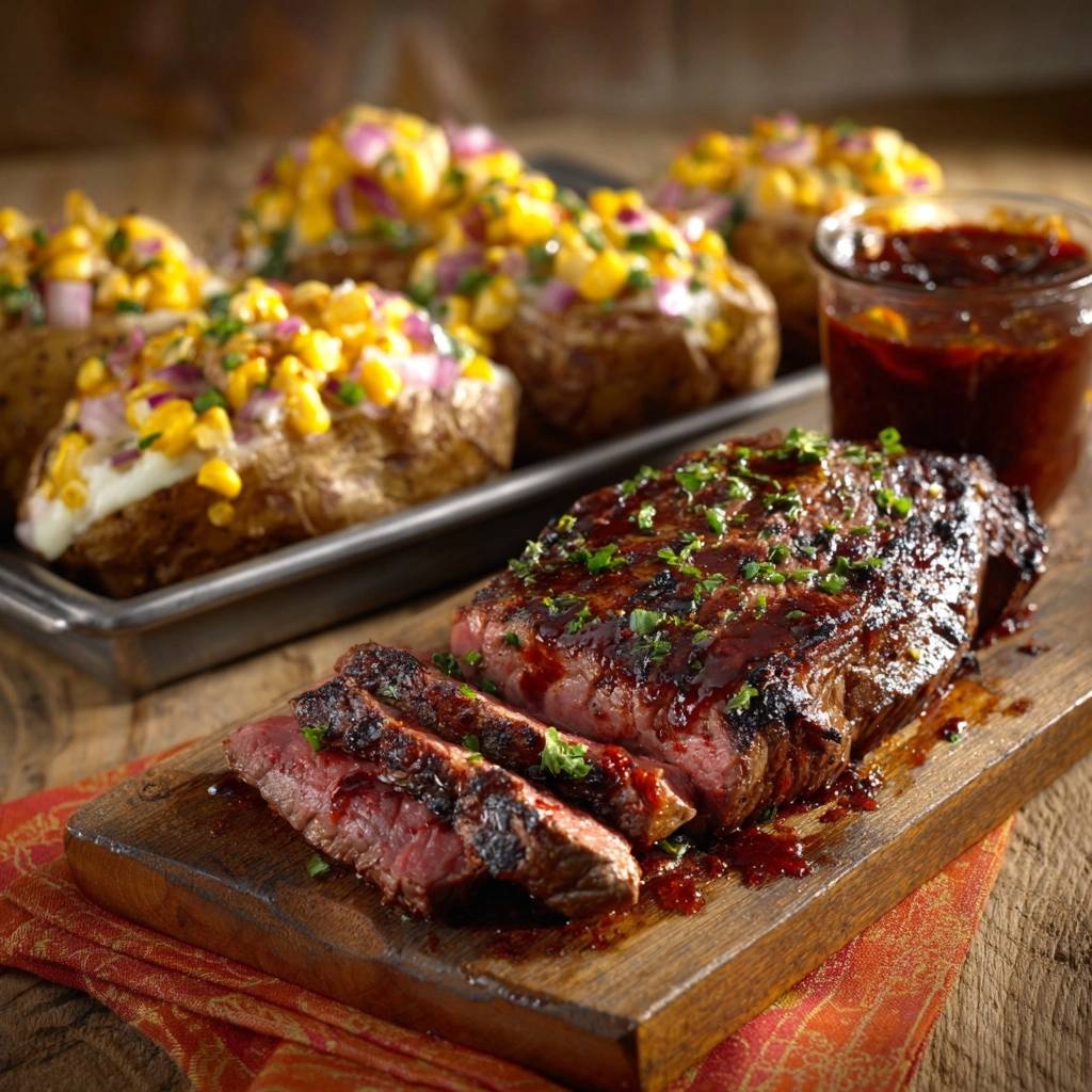 Saftiges Ribeye-Steak mit Mais-Käse-Ofenkartoffeln, das angeschnittene Steak zeigt den saftigen Kern und die Glasur.