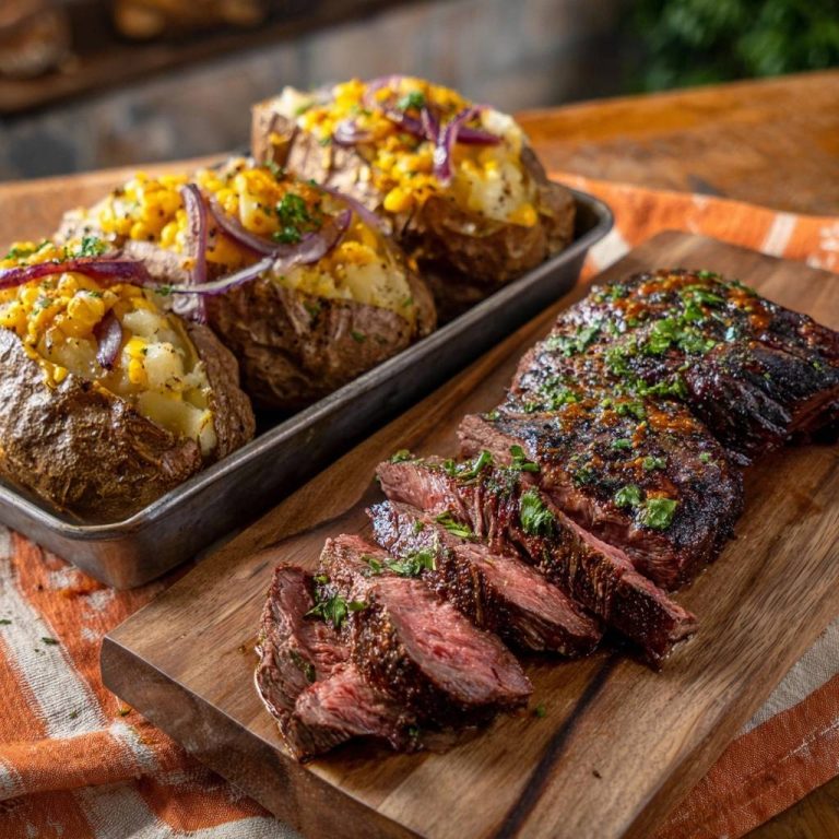 Saftiges Ribeye-Steak mit Mais-Käse-Ofenkartoffeln, das angeschnittene Steak liegt auf einem Holzbrett neben den gefüllten Kartoffeln.