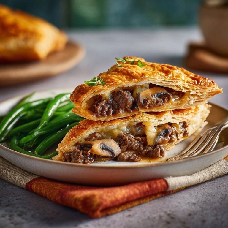 Knusprige Rind-Pilz-Blätterteig-Pastete angeschnitten, mit saftiger Füllung und frischen grünen Bohnen serviert.