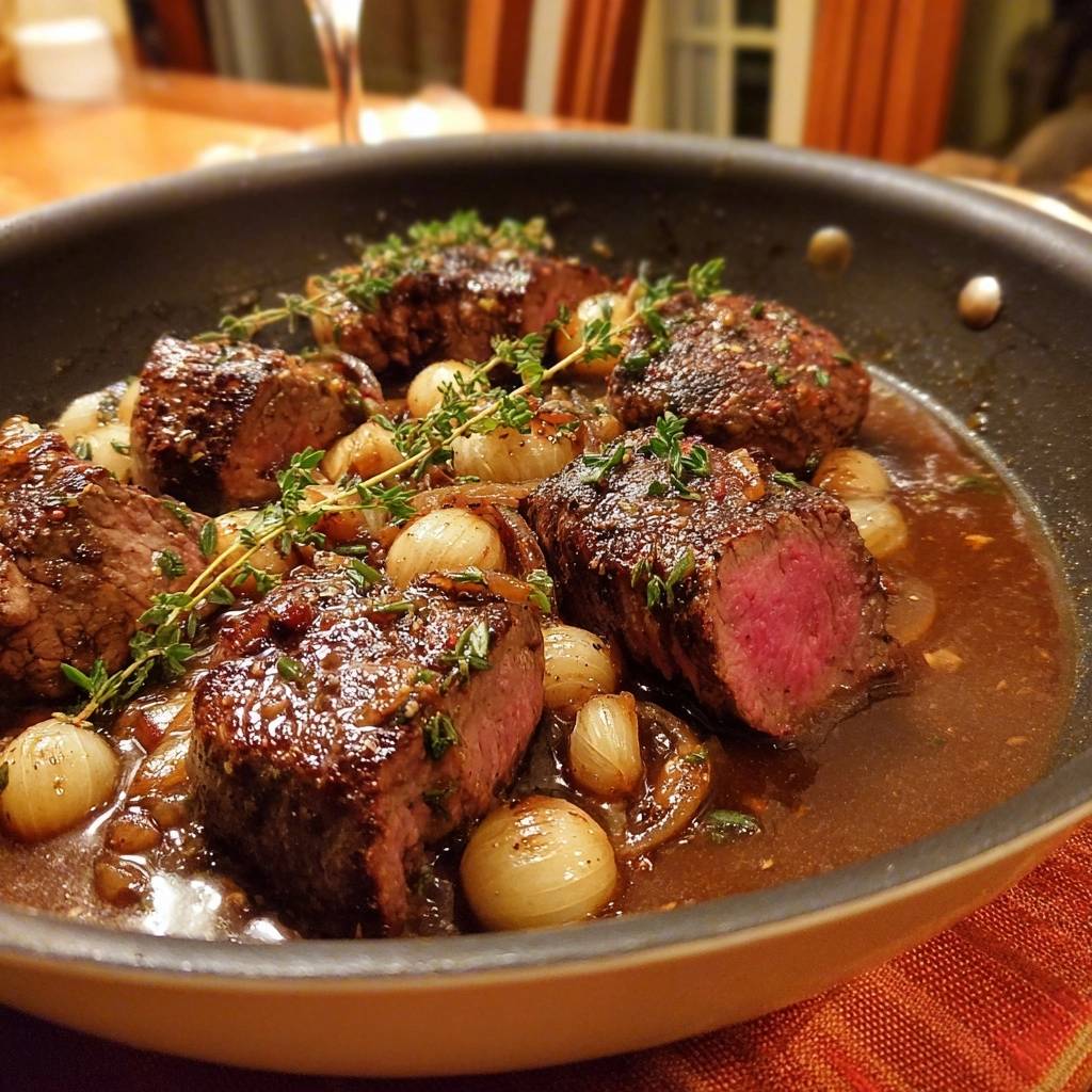Saftiges Rinderfilet mit Perlzwiebeln, Knoblauch und Thymian, angeschnitten und in einer Pfanne mit Sauce serviert
