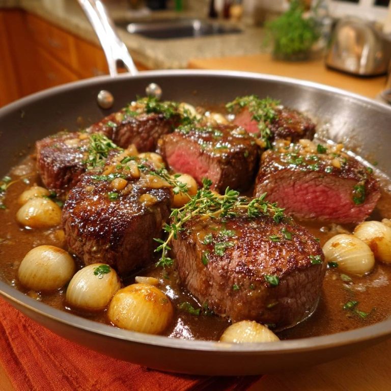 Saftiges Rinderfilet mit Perlzwiebeln, Knoblauch und Thymian in einer Pfanne zubereitet, Nahaufnahme.