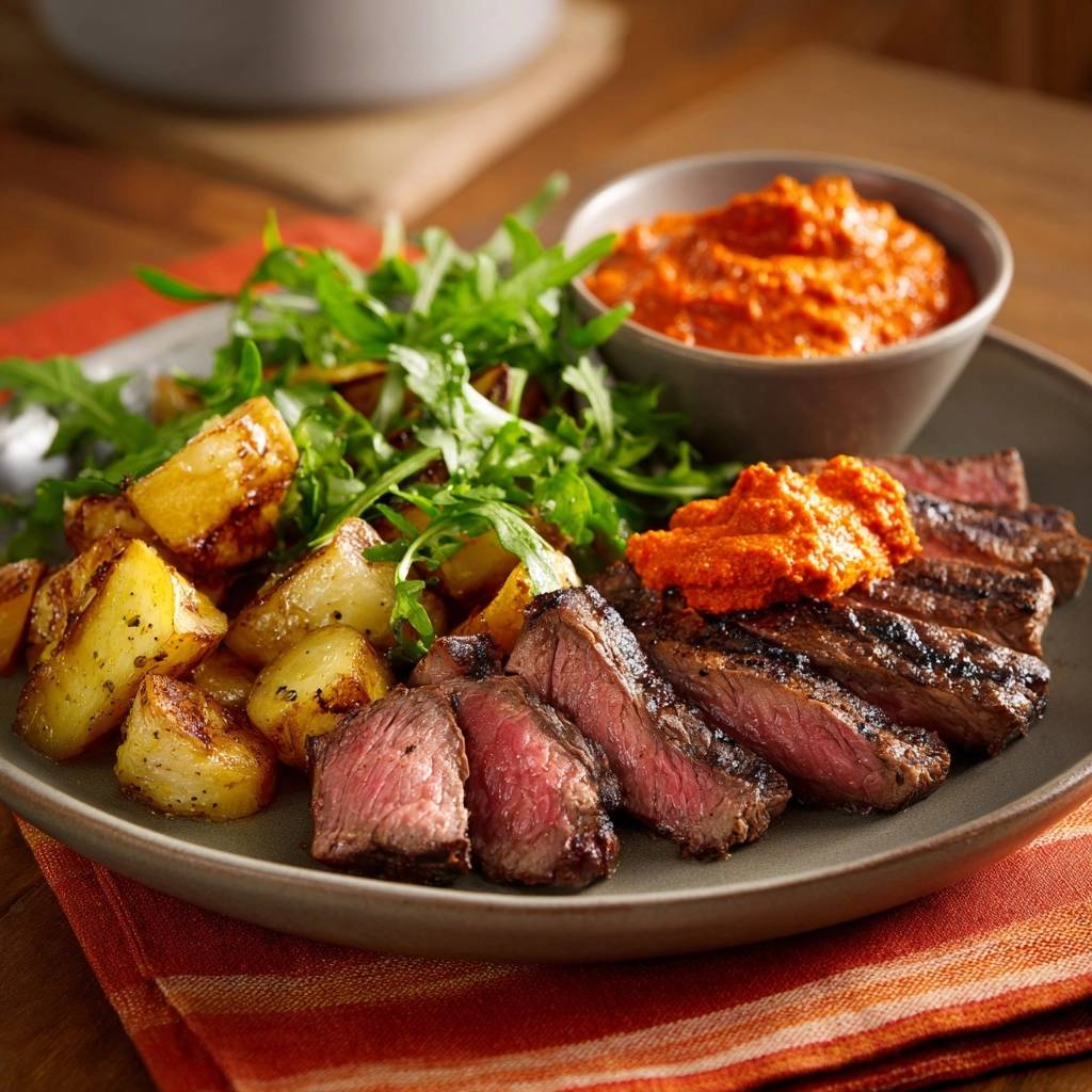 Saftiges Rindersteak mit Paprikasoße, serviert mit Bratkartoffeln und Rucola, angeschnitten auf einem Teller