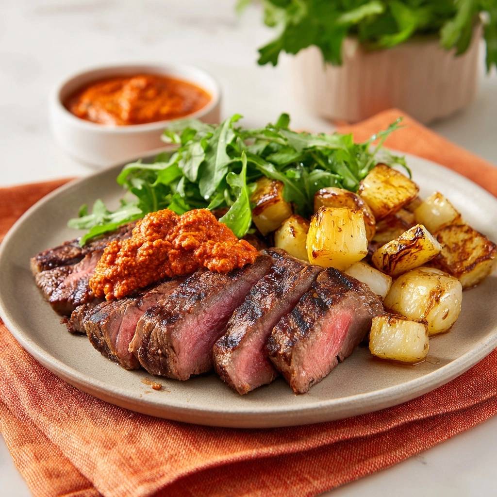 Saftiges Rindersteak mit Paprikasoße, angeschnitten auf einem Teller mit Bratkartoffeln und Rucola serviert.