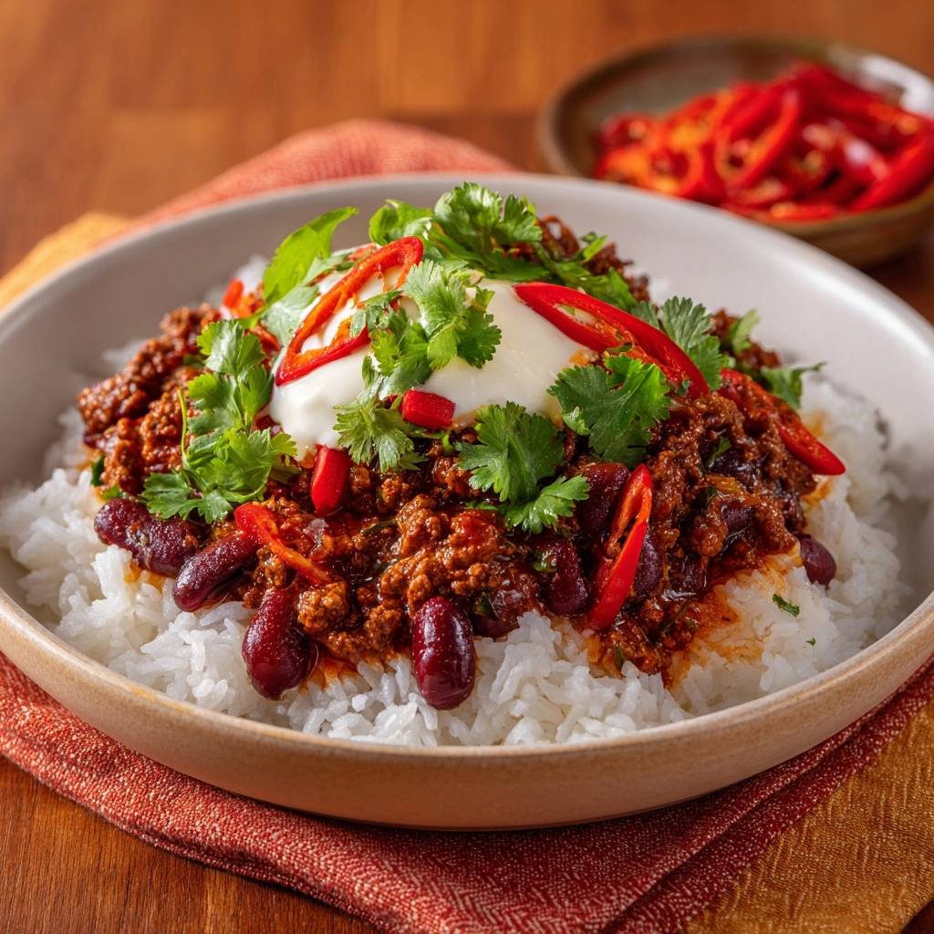 Saftiges Rindfleisch-Chili mit Reis, garniert mit frischer Petersilie und roten Chilischeiben, serviert in einer Schüssel