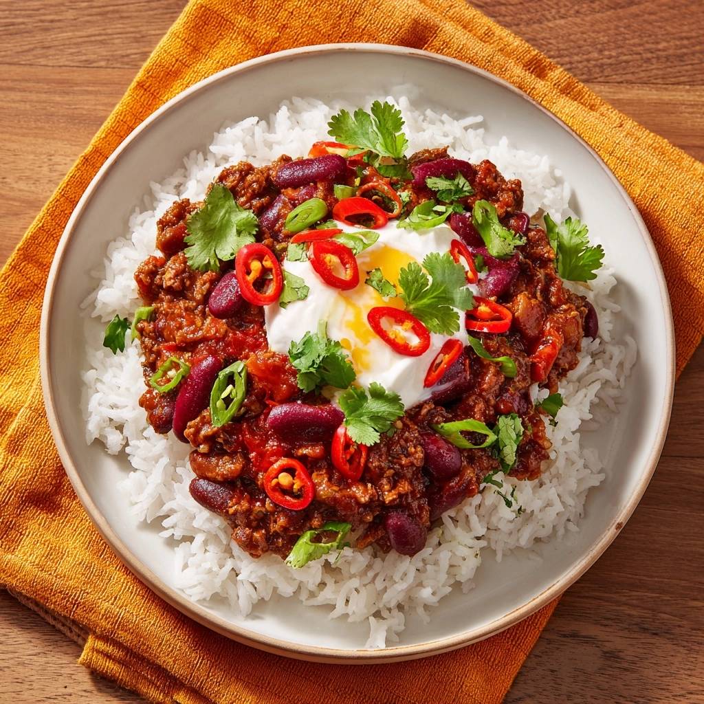 Saftiges Rindfleisch-Chili mit Reis, serviert mit einem pochierten Ei und frischen Chilischeiben.