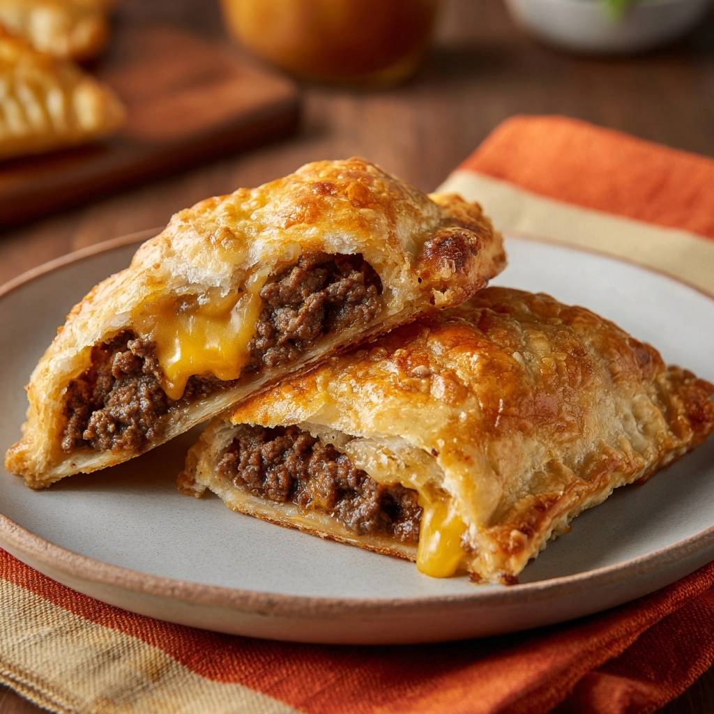 Knusprige Rindfleisch-Käse-Empanadas angeschnitten, die geschmolzenen Käse und herzhafte Hackfleischfüllung zeigen.
