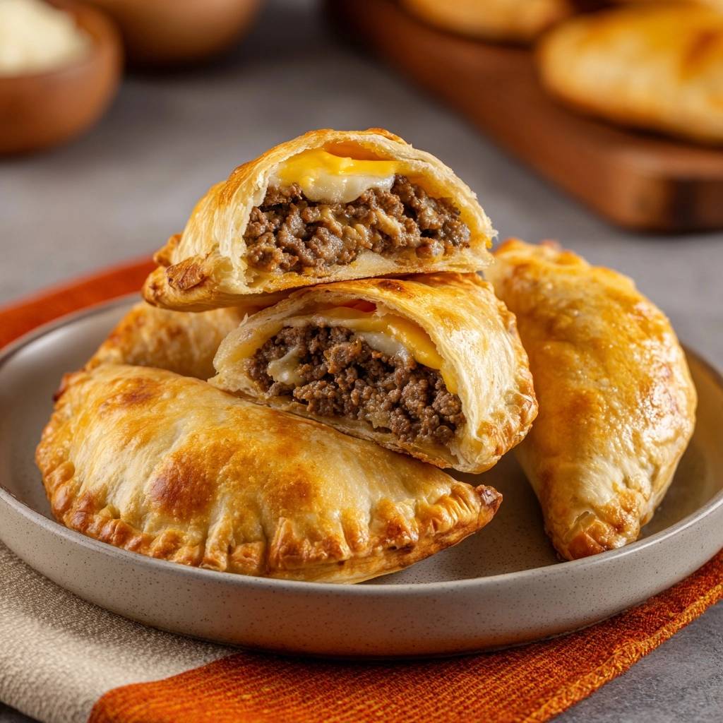 Knusprige Rindfleisch-Käse-Empanadas, angeschnitten, die das herzhafte Hackfleisch und geschmolzenen Käse im Inneren zeigen.