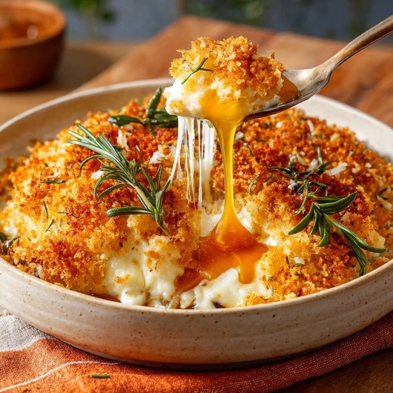 Knuspriger Rosmarin-Kartoffelgratin mit fließendem Ei, ein Löffel mit Käse und Eigelb wird herausgehoben