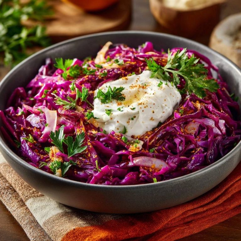 Frischer Rotkohl-Joghurt-Salat mit Joghurt-Topping und frischer Petersilie garniert im dunklen Keramikschüssel serviert.