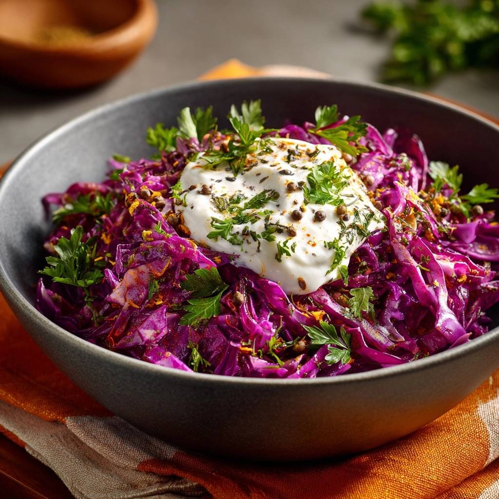Frischer Rotkohl-Joghurt-Salat mit einer cremigen Joghurt-Haube und frischer Petersilie garniert.