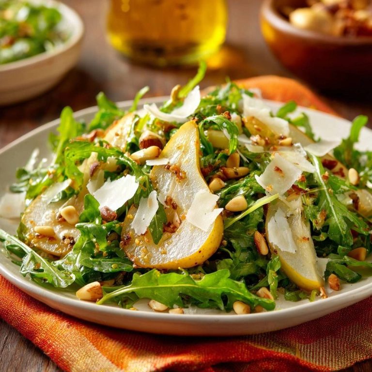 Rucola-Birnen-Salat mit Parmesan und Pinienkernen, serviert auf einem Teller mit Nahaufnahme der Zutaten.