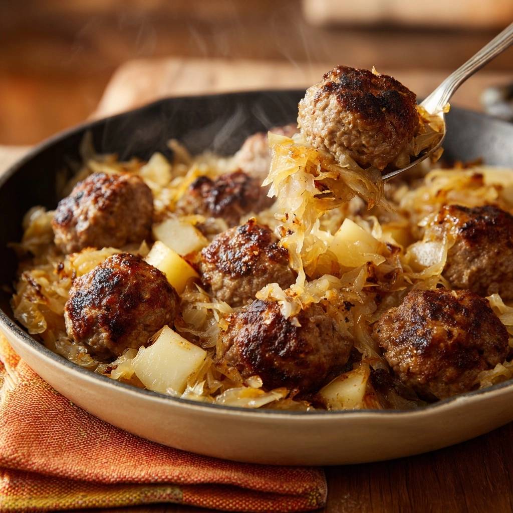 Saftige Frikadellen mit Sauerkraut und Ananas, eine Nahaufnahme zeigt dampfende Frikadellen auf Sauerkraut in einer Pfanne.