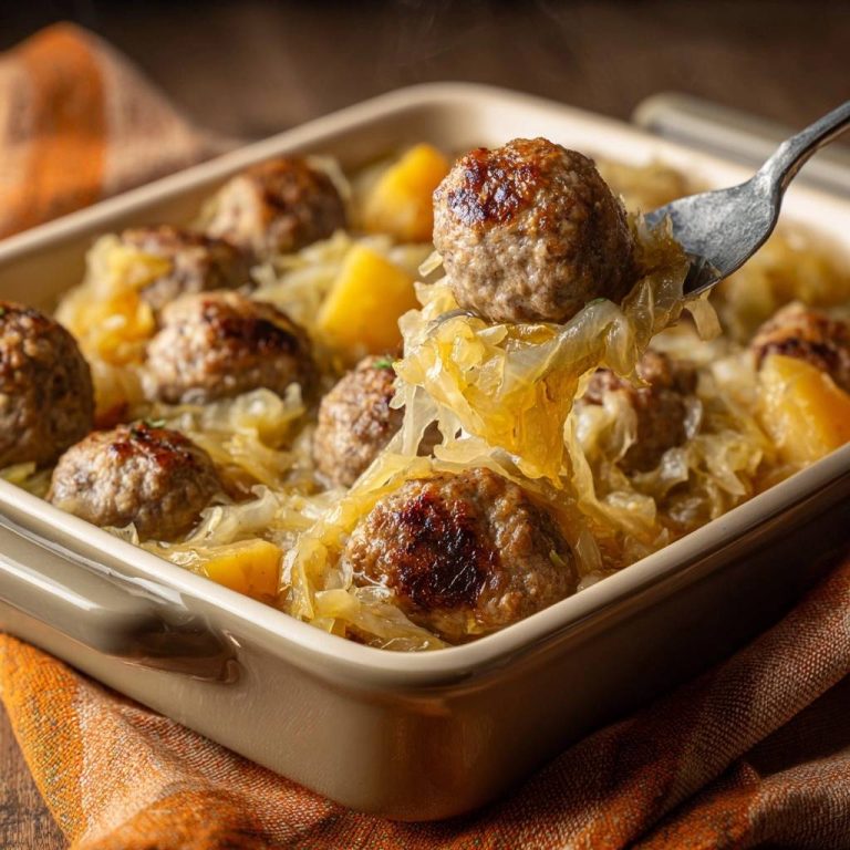 Saftige Frikadellen mit Sauerkraut und Ananas, eine Gabel hebt eine Frikadelle mit viel Sauerkraut hervor.