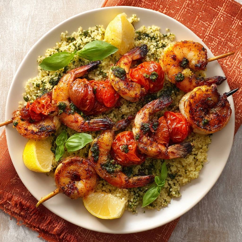 Saftige Garnelen-Spieße mit Kräuter-Couscous, von oben auf einem Teller mit Zitrone und Basilikum garniert serviert.