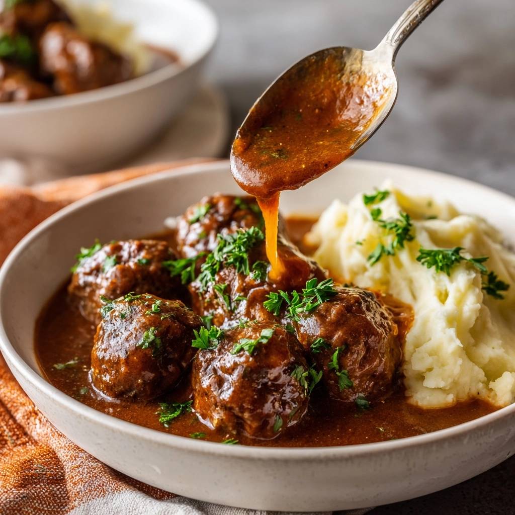 Saftige Rinderfleischbällchen in cremiger Soße, die mit einer Löffelsauce übergossen werden, serviert mit Kartoffelpüree.