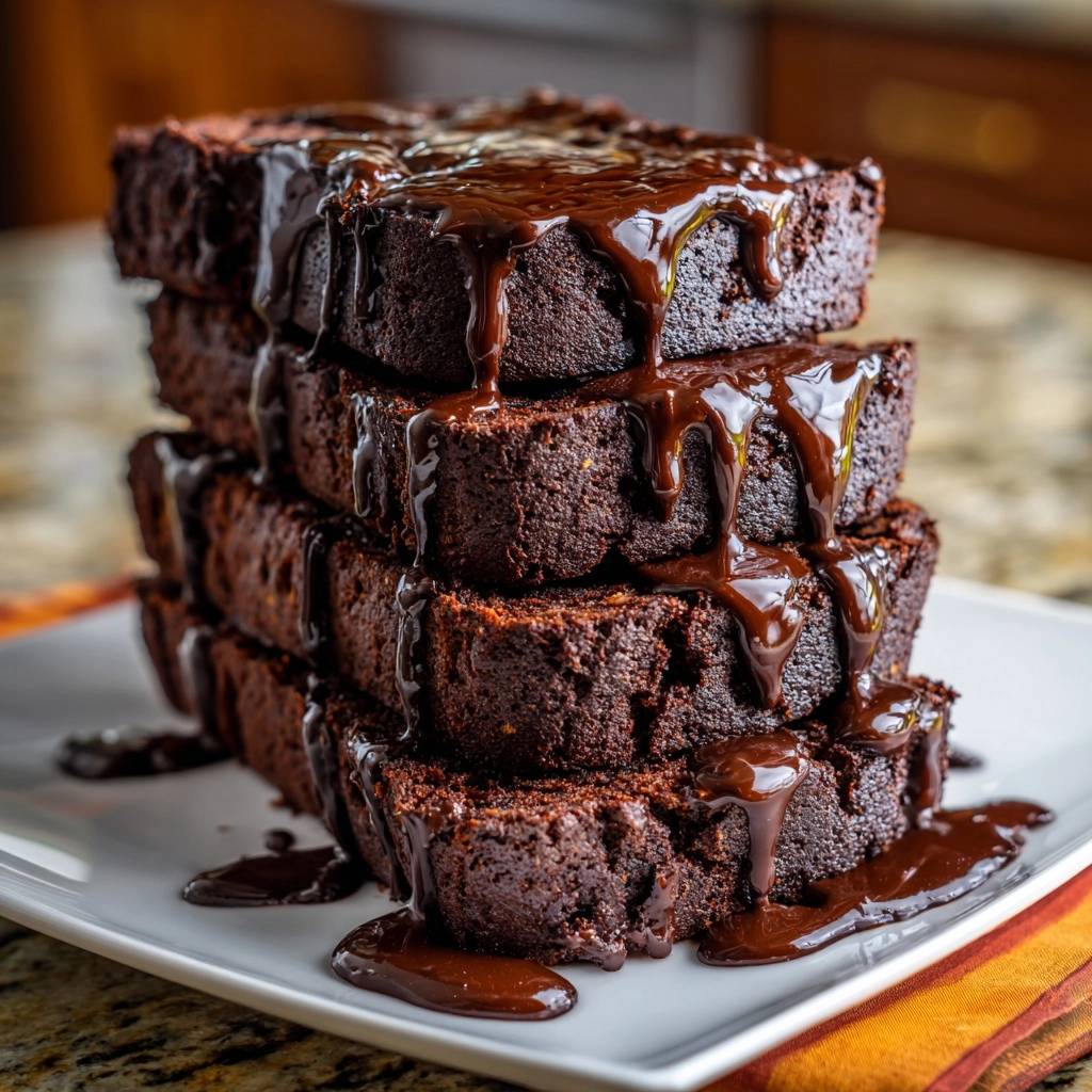 Saftige Schoko-Brownies, gestapelt und mit reichlich Schokoladenglasur übergossen, zeigen eine fudgy Textur.