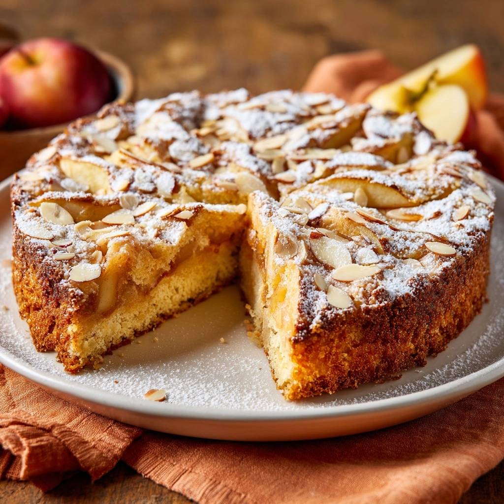 Saftiger Apfel-Mandel-Kuchen angeschnitten auf einer weißen Platte, bestäubt mit Puderzucker und Mandelsplittern.