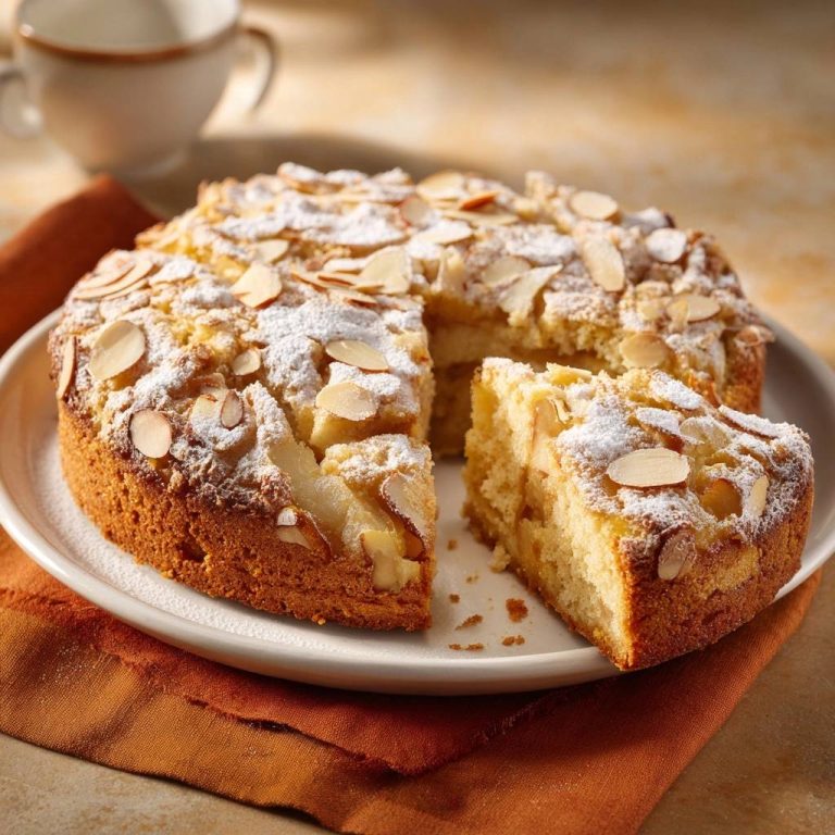 Saftiger Apfel-Mandel-Kuchen angeschnitten auf einem Teller, mit Puderzucker und Mandelblättchen bestreut